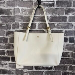 Tory Burch York Saffiano Leather Buckle Shoulder Tote Satchel white cream purse